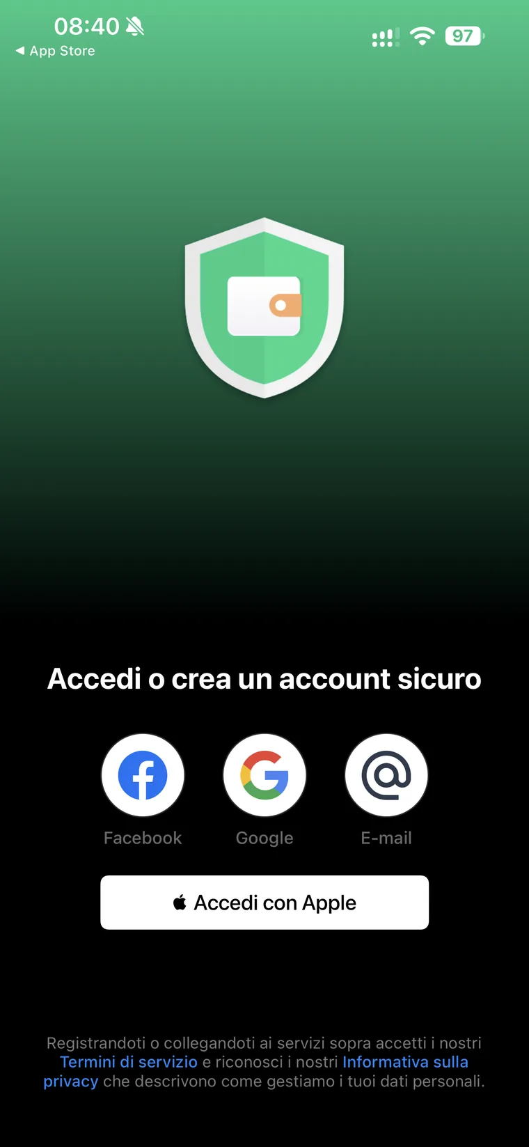 Schermata Accedi o crea un account sicuro di Wallet con le opzioni Facebook, Google, E-mail e Accedi con Apple