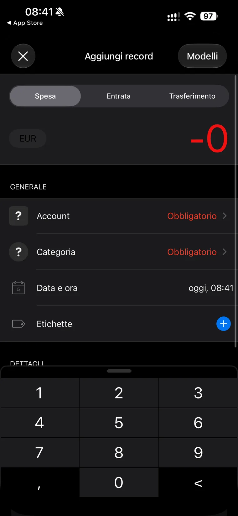 Schermata Aggiungi record di Wallet con le schede Spesa, Entrata e Trasferimento, i campi obbligatori Account e Categoria, Data e ora, Etichette e il tastierino numerico