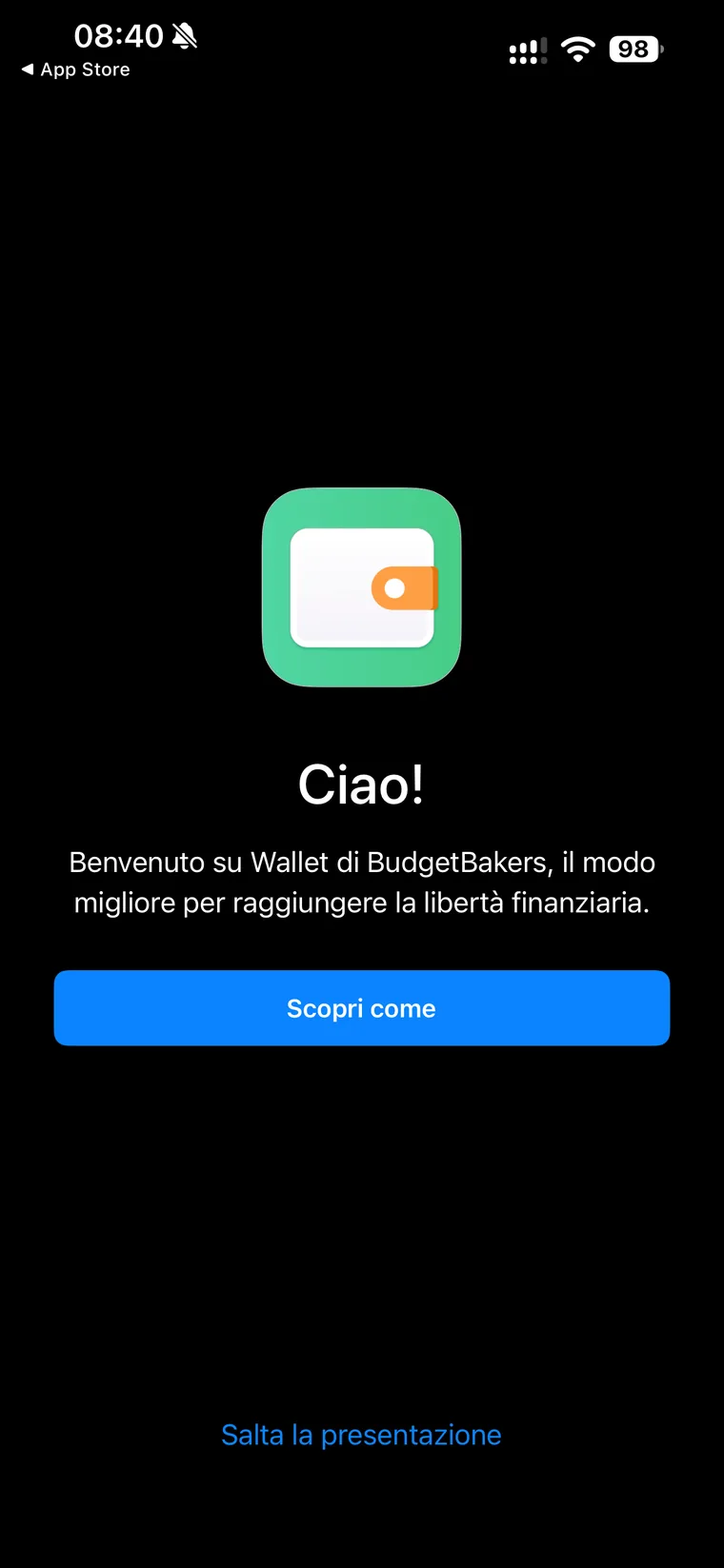 Schermata di benvenuto di Wallet con il logo, il testo Benvenuto su Wallet di BudgetBakers e il pulsante Scopri come