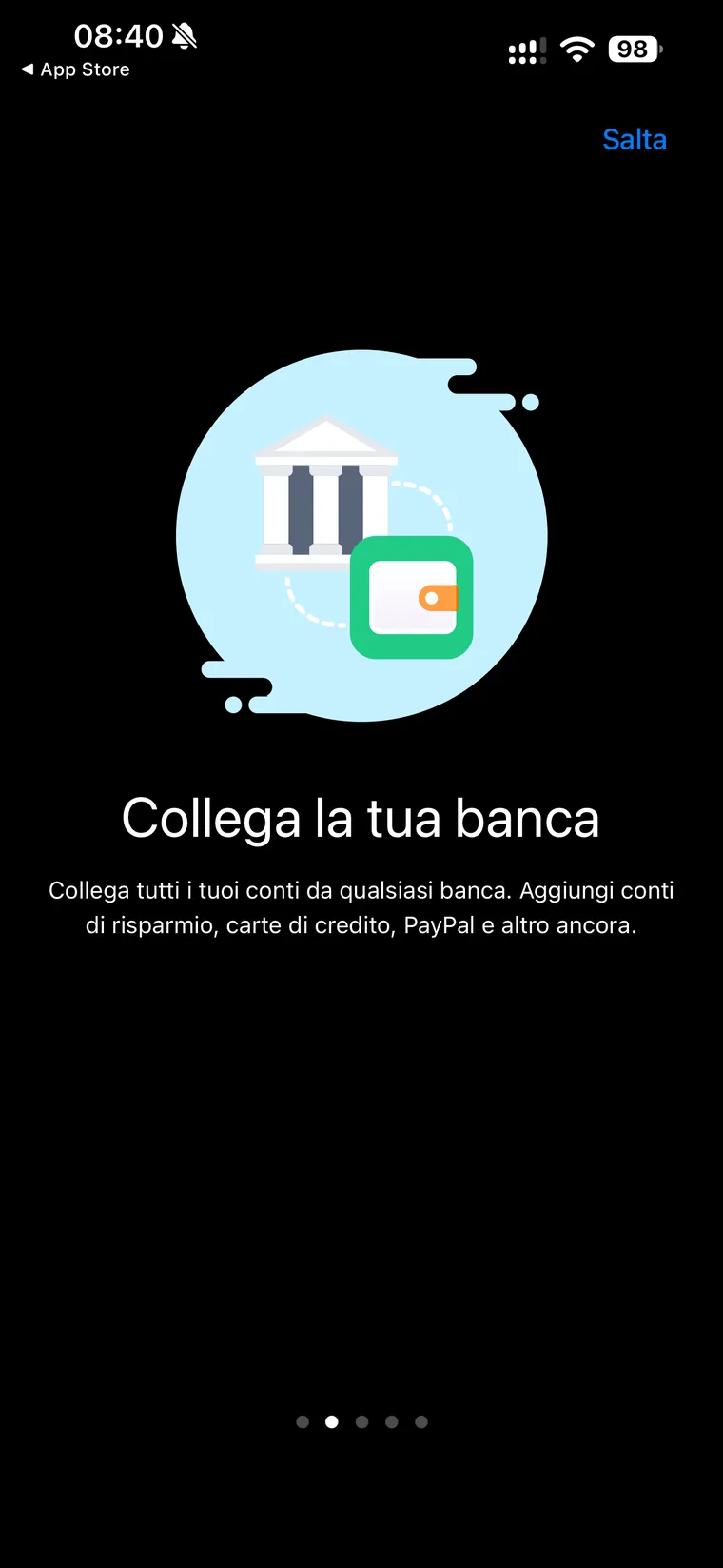 Schermata di onboarding di Wallet con il titolo Collega la tua banca e la descrizione: collega tutti i tuoi conti da qualsiasi banca, aggiungi conti di risparmio, carte di credito, PayPal