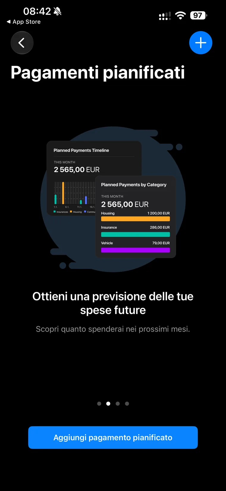 Introduzione ai pagamenti pianificati di Wallet: Ottieni una previsione delle tue spese future, scopri quanto spenderai nei prossimi mesi, con il pulsante Aggiungi pagamento pianificato