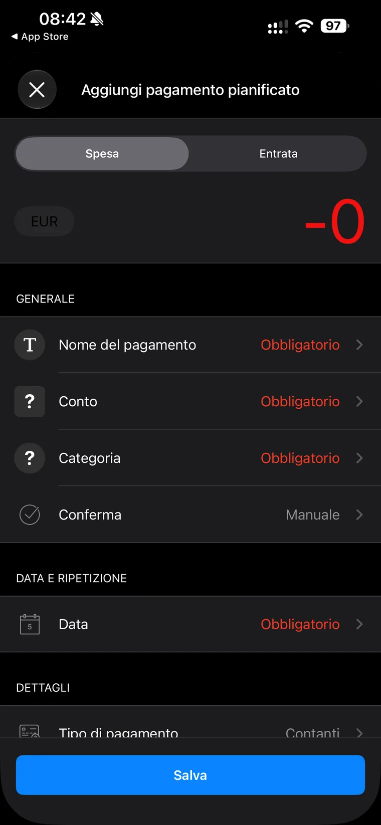 Schermata Aggiungi pagamento pianificato di Wallet con i campi Nome del pagamento, Conto, Categoria, Conferma manuale, Data e Tipo di pagamento