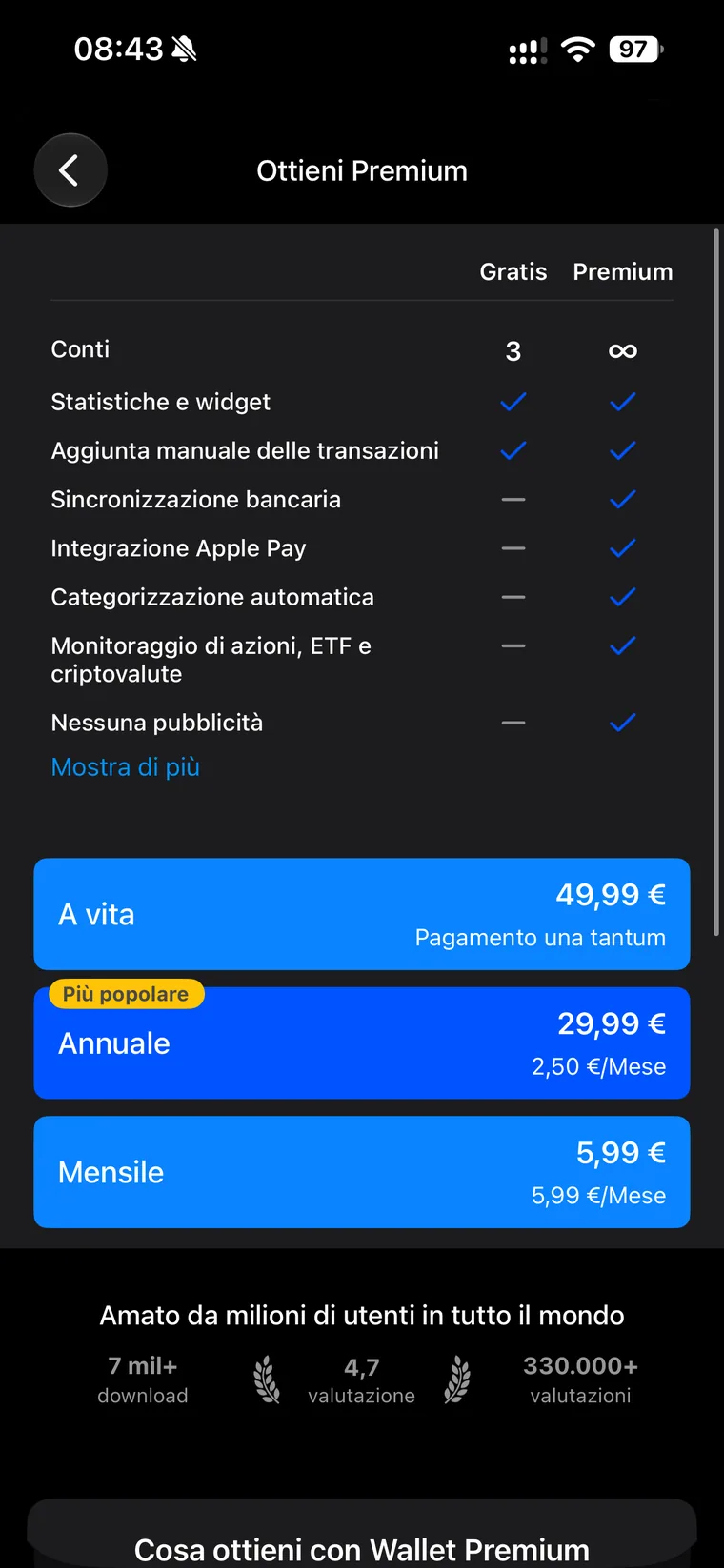Schermata Ottieni Premium di Wallet con la tabella Gratis contro Premium: conti 3 contro illimitati, sincronizzazione bancaria, Apple Pay, categorizzazione automatica, investimenti e nessuna pubblicità solo in Premium; piani a vita 49,99 euro, annuale 29,99 euro, mensile 5,99 euro